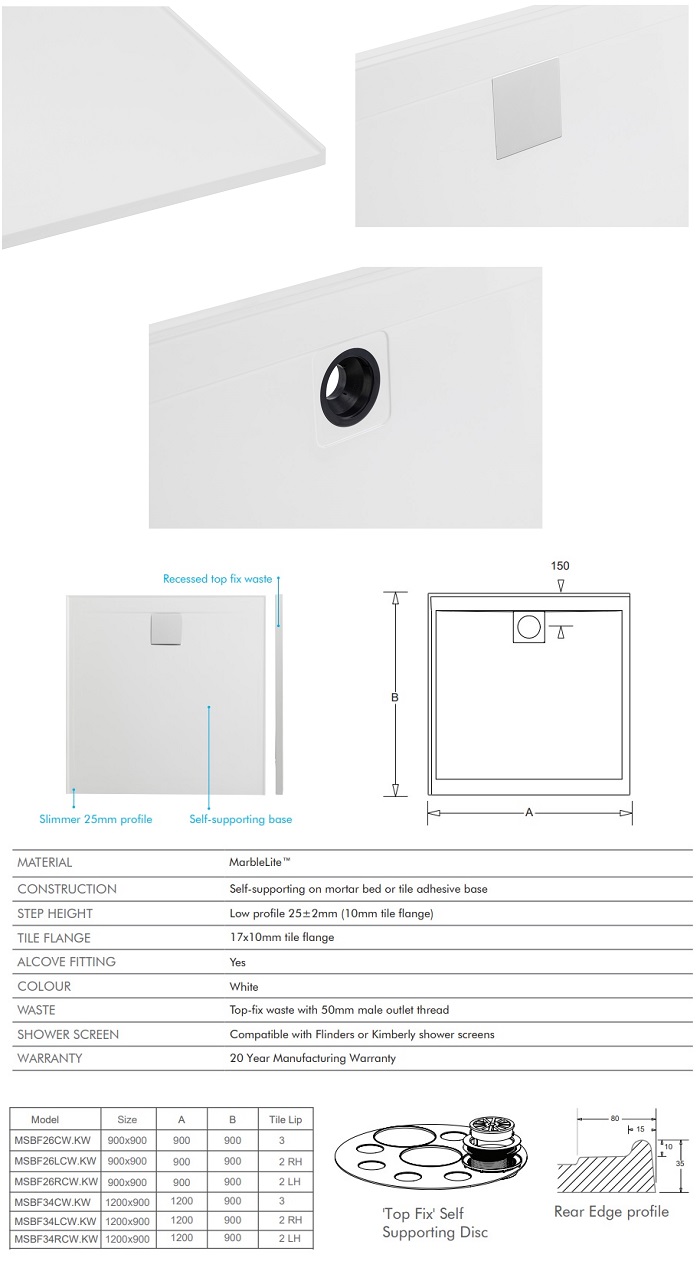 Benton's Finer Bathrooms Marbletrend New Flinders Shower Base 900x900mm